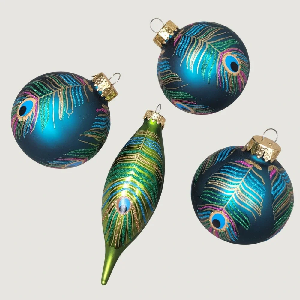 4pc Peacock Feather Glass Christmas Ornaments Teal Blue Green Glitter Set